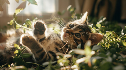 Obraz premium Playful kitten rolling in green leaves in a sunlit garden