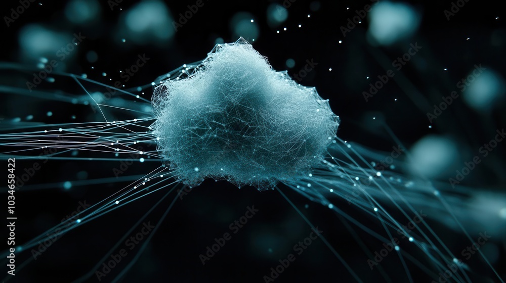 Poster abstract depiction of a cloud connected by glowing threads, symbolizing data flow and digital commun