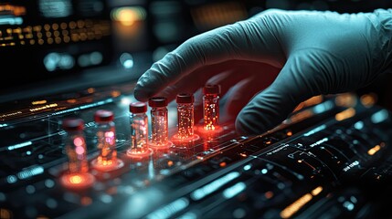 gloved hand handles vials on digital interface symbolizing precision medicine and advanced diagnostics.illustration