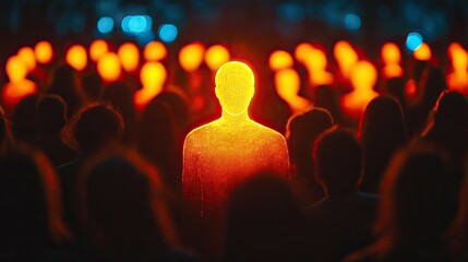 Fototapeta premium glowing figure stands out among crowd symbolizing uniqueness and career development