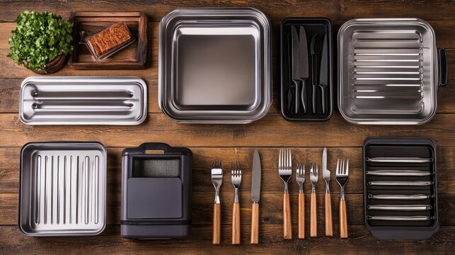 Stylish Kitchen Tools and Utensils on Wooden Table