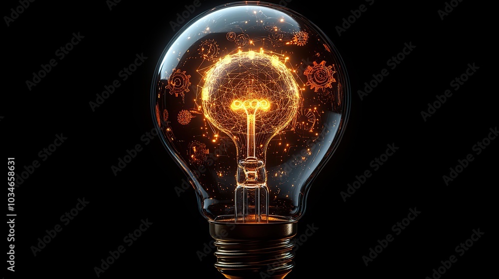 Poster glowing light bulb with intricate gears inside symbolizing the fusion of machine learning and innova