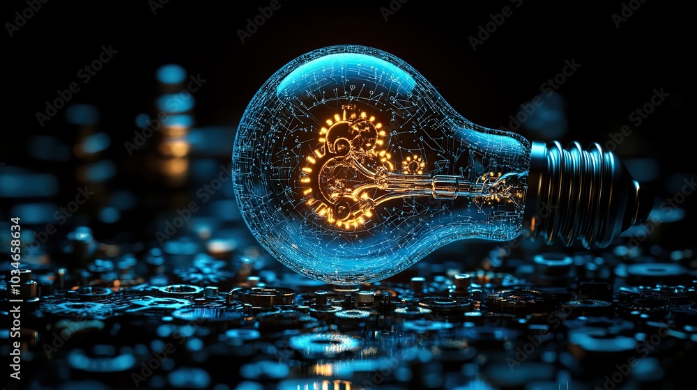 Poster glowing light bulb with intricate gears inside symbolizing the fusion of machine learning and innova
