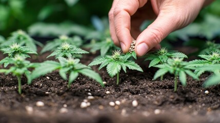 A hand carefully fertilizing a row of young cannabis plants with fertilizer.