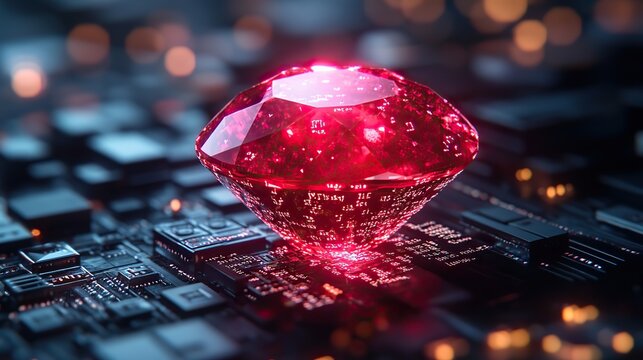 glowing ruby gemstone overlaid with byte code symbolizing the ruby on rails programming language and its powerful coding capabilities