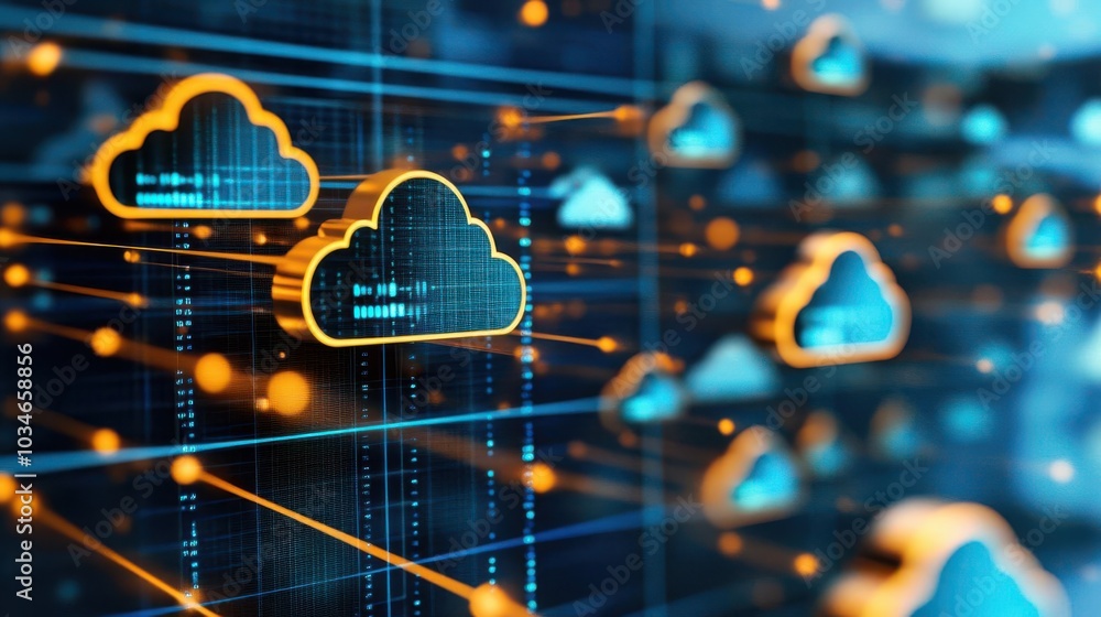 Poster futuristic cloud technology network with glowing elements, representing data transfer and connectivi