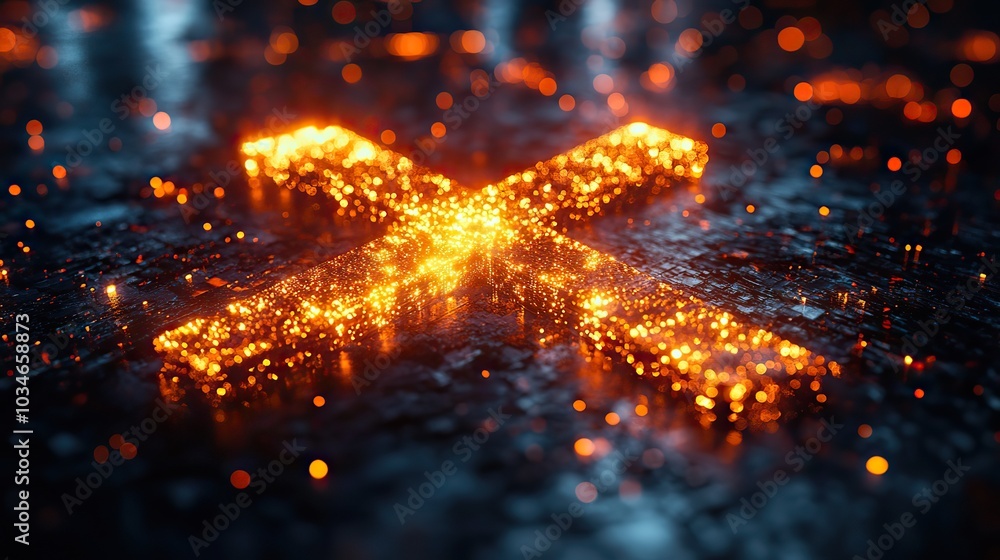 Poster glowing x symbol in dark cosmic background representing connectivity and intersection in the interne