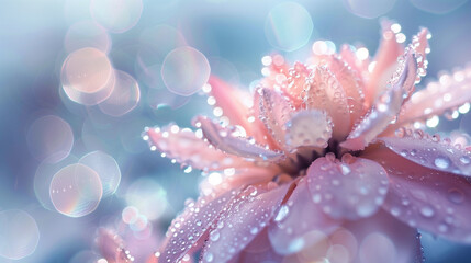 Fototapeta premium Pink flower covered in dew drops with soft bokeh background in morning light