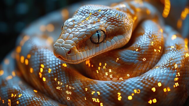 golden snake intertwined with binary code symbolizing python programming and coding.image