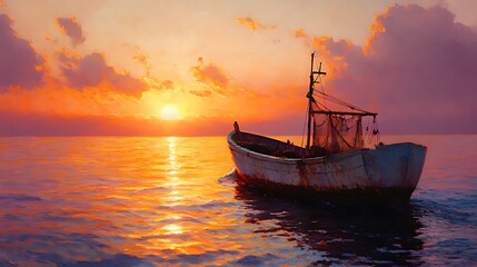 A small fishing boat sits peacefully in the calm waters of a bay, illuminated by the golden light of a setting sun.