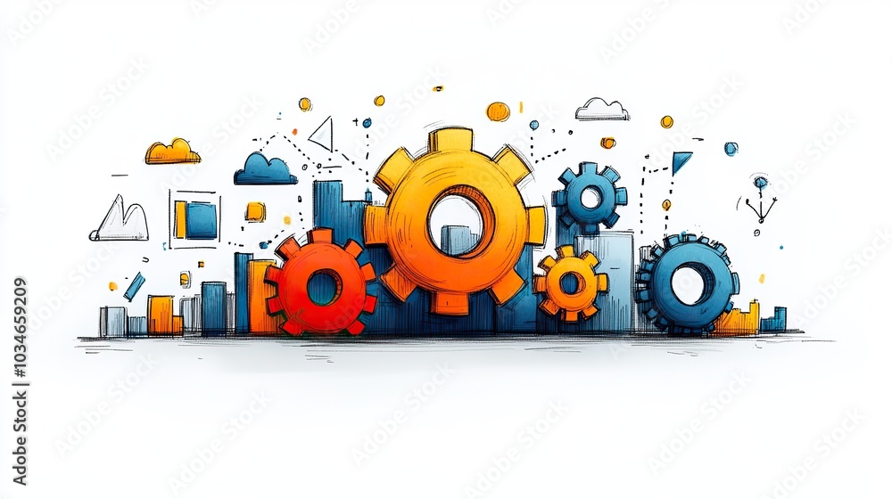 Fototapete hand drawn doodle illustrating machine with gears symbolizing the concept of functions in programming this visual metaphor captures the mechanical precision and logic of coding functions