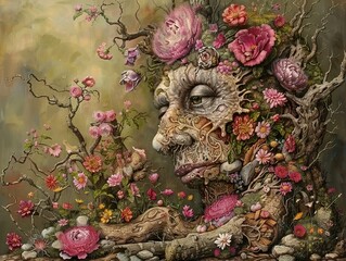 Surreal Floral Portrait: Tree and Flowers in Bloom