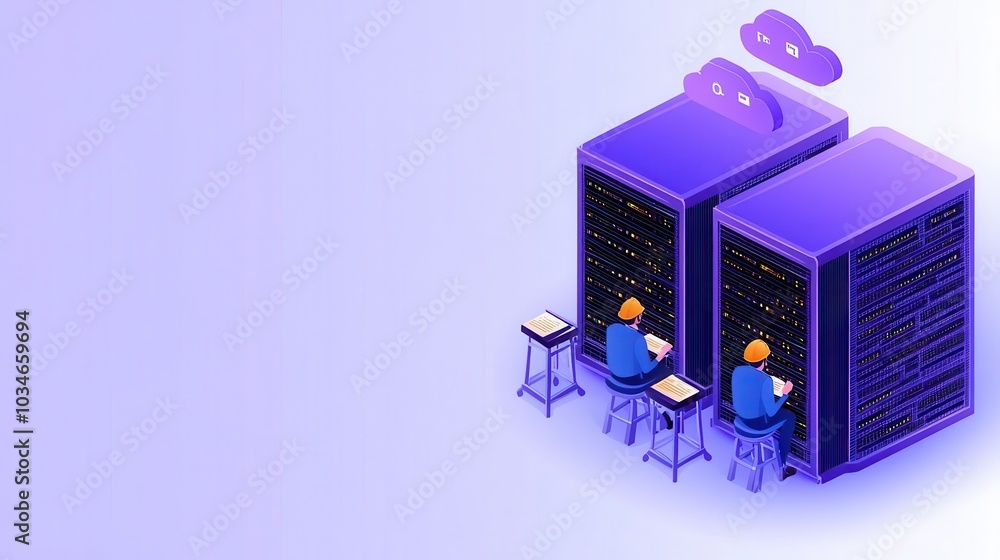 Poster two professionals manage servers in a modern data center, with cloud icons symbolizing advanced tech