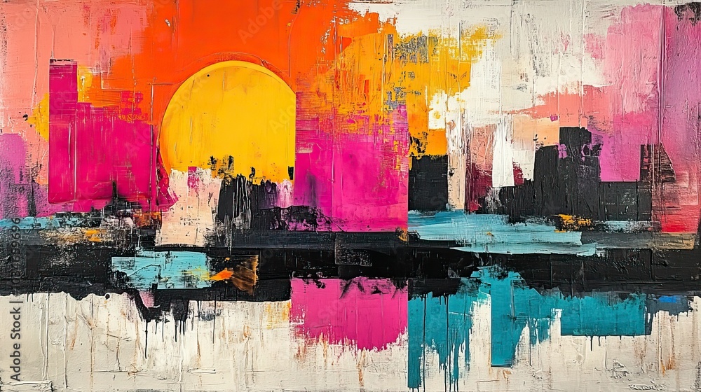Poster high contrast vibrant art collage featuring an explosion of colors and textures creating visually ca