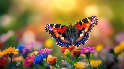 Obraz premium A colorful butterfly with black, red, blue, orange, and white wings with a blurred background of colorful flowers.