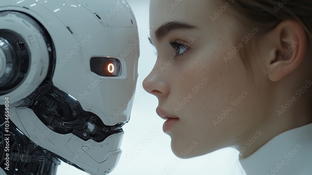 Poster human and digital humanoid face each other symbolizing the connection and interaction between humans
