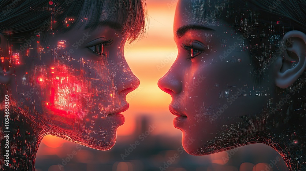 Poster human and digital humanoid face each other symbolizing the connection and interaction between humans