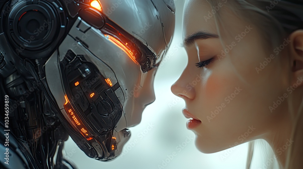 Poster human and digital humanoid face each other symbolizing the connection and interaction between humans