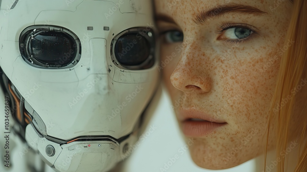 Poster human and digital humanoid face each other symbolizing the connection and interaction between humans