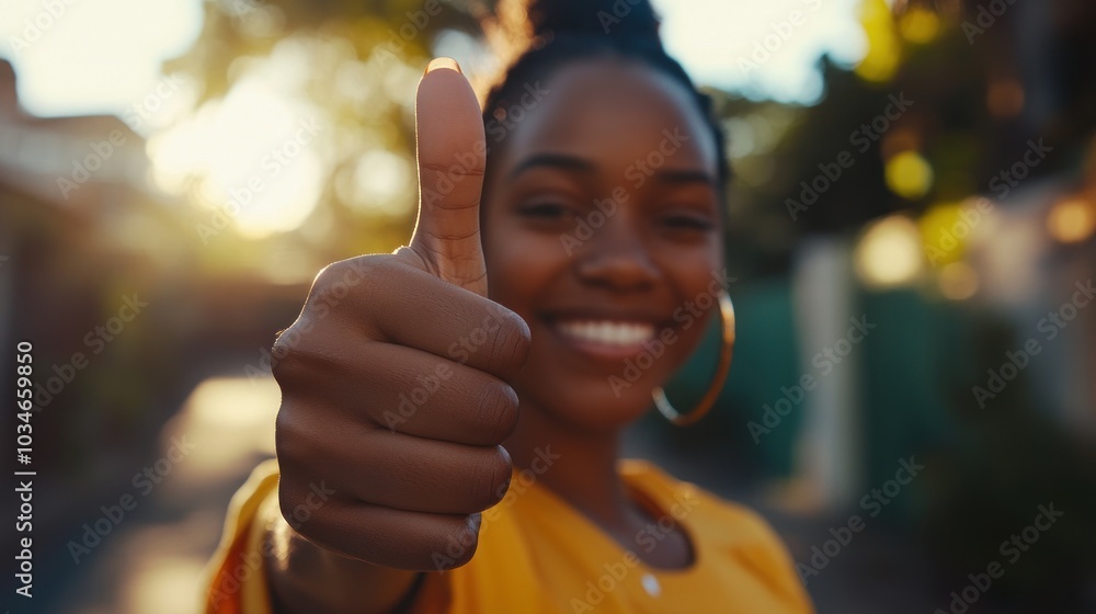 Wall mural a young woman with a bright smile gives a thumbs up. (1)