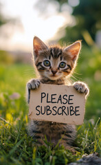 Kitten holding a sign that says Please subscribe generated by AI

