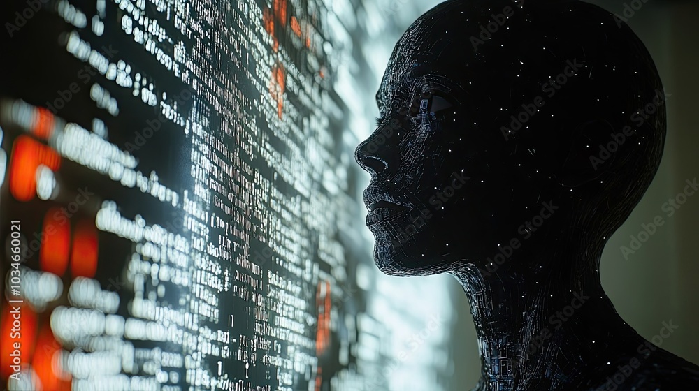 Poster humanoid robot analyzing complex code on digital screen symbolizing ai and machine learning