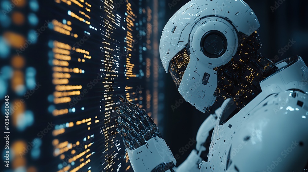 Poster humanoid robot analyzing complex code on digital screen symbolizing ai and machine learning.image