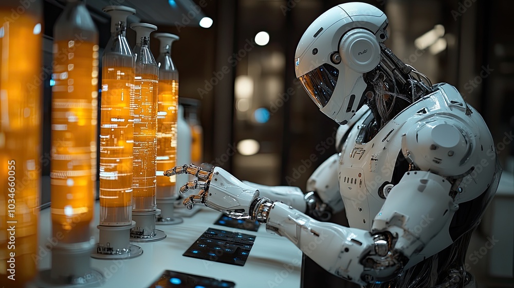 Poster humanoid robot interacting with advanced technology in futuristic lab symbolizing ai and robotics
