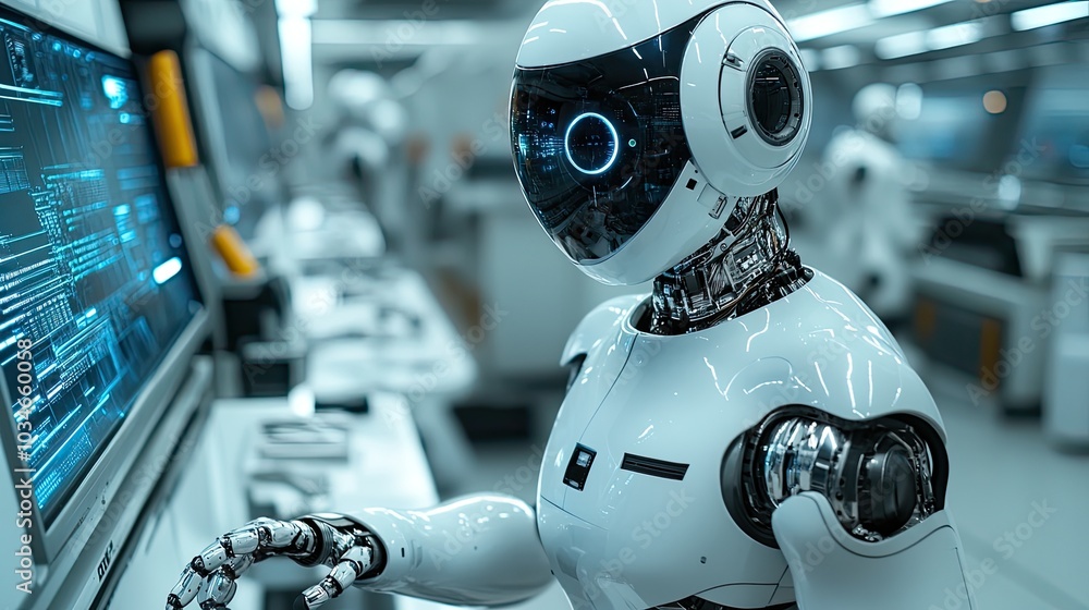 Poster humanoid robot interacting with advanced technology in futuristic lab symbolizing ai and robotics.st