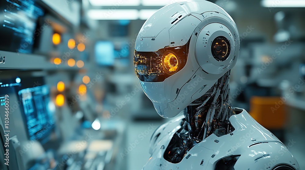 Poster humanoid robot interacting with advanced technology in futuristic lab symbolizing ai and robotics.il