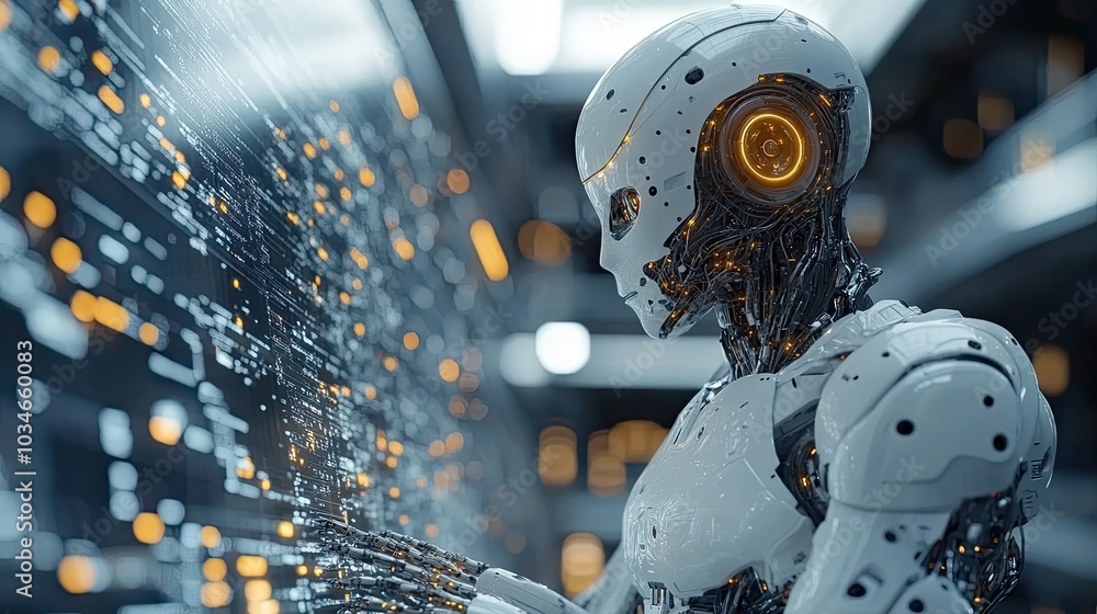 Poster humanoid robot interacting with advanced technology in futuristic lab symbolizing ai and robotics.im