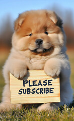 Chow chow holding a sign that says please subscribe generated by AI