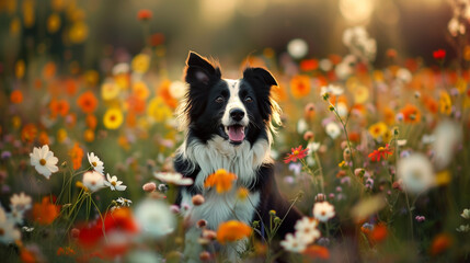 Obraz premium Happy dog sitting in a vibrant flower field on a sunny day