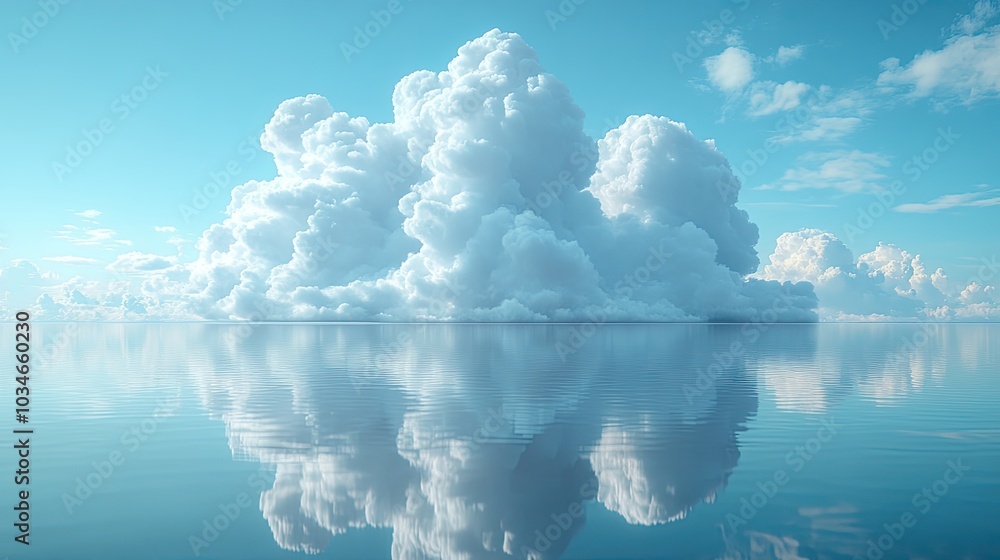 Poster large cloud over reflective surface symbolizes the hybrid cloud concept blending public and private 