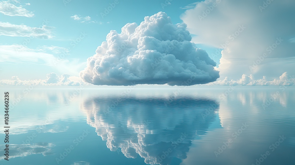 Poster large cloud over reflective surface symbolizes the hybrid cloud concept blending public and private 