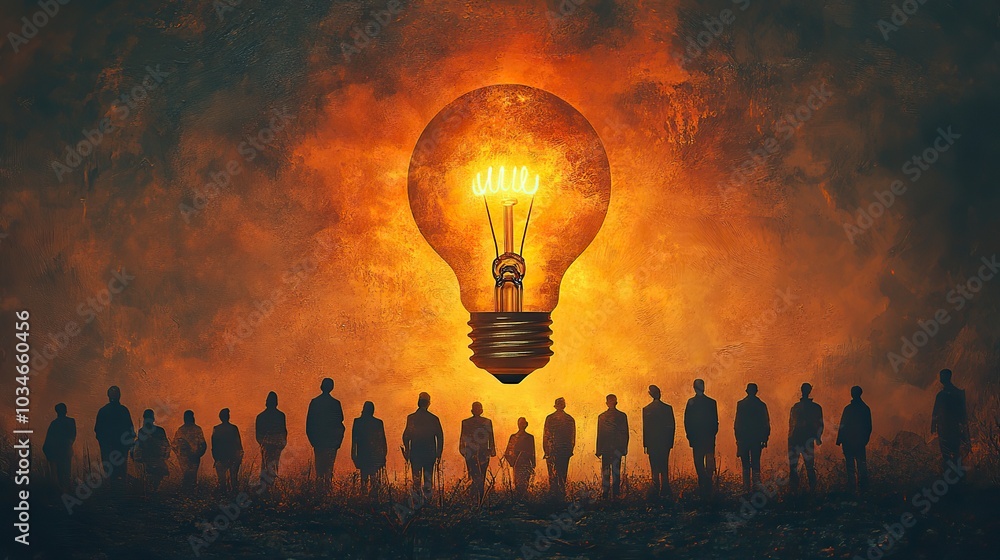 Aufkleber lightbulb floating above group of people symbolizing breakthrough and creative innovation teamwork a