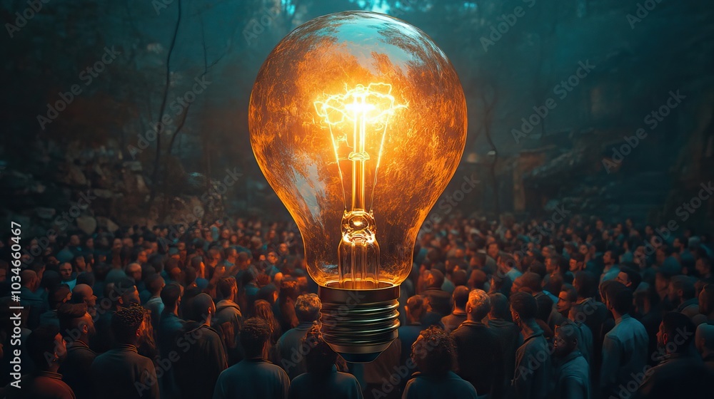 Poster lightbulb floating above group of people symbolizing breakthrough and creative innovation teamwork a