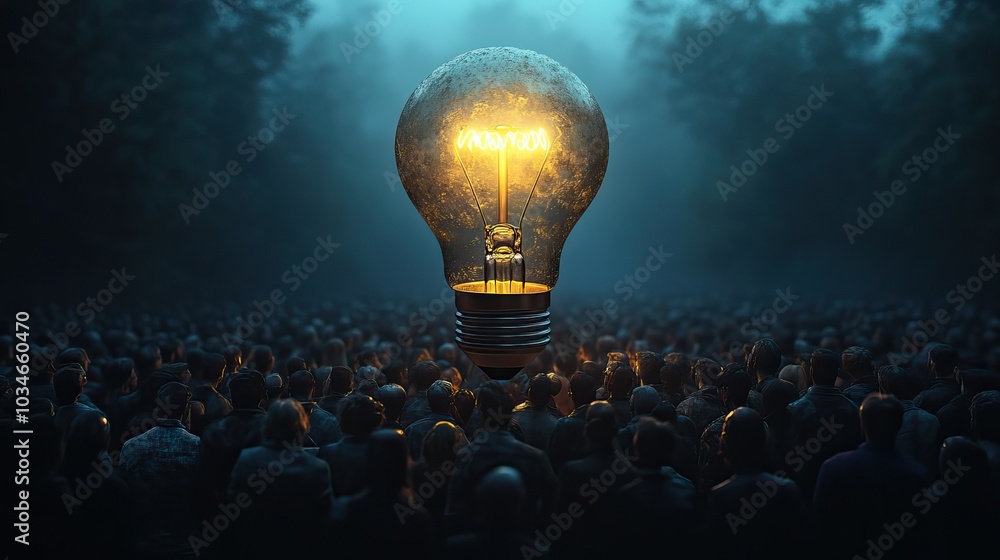 Poster lightbulb floating above group of people symbolizing breakthrough and creative innovation teamwork a