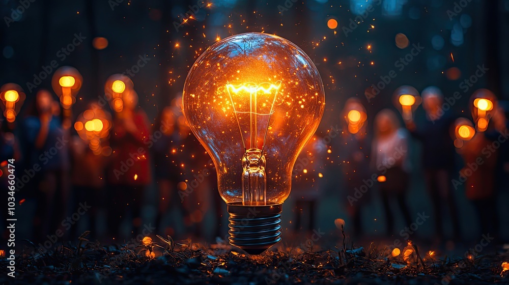 Poster lightbulb floating above group of people symbolizing breakthrough and creative innovation teamwork a