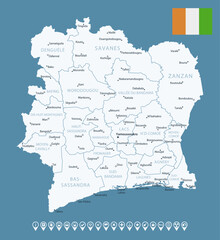 Ivory Coast - detailed country map with cities and regions. Infographic icons. Vector illustration.