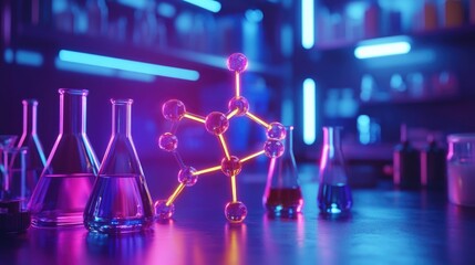 Vibrant laboratory setup with molecular model and glassware