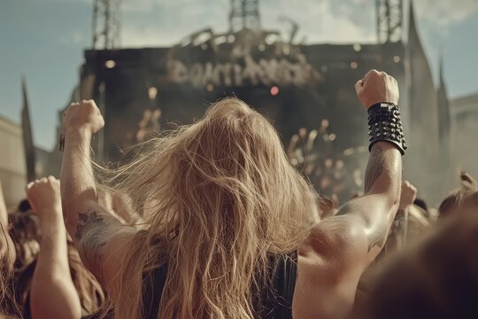 A chaotic crowd of metalheads headbanging furiously at a concert, illuminated by flashing lights and stage smoke.