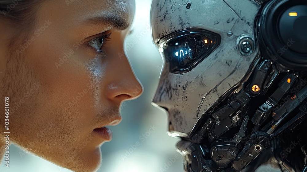 Poster man and humanoid robot face each other symbolizing human robot communication and interaction.illustr