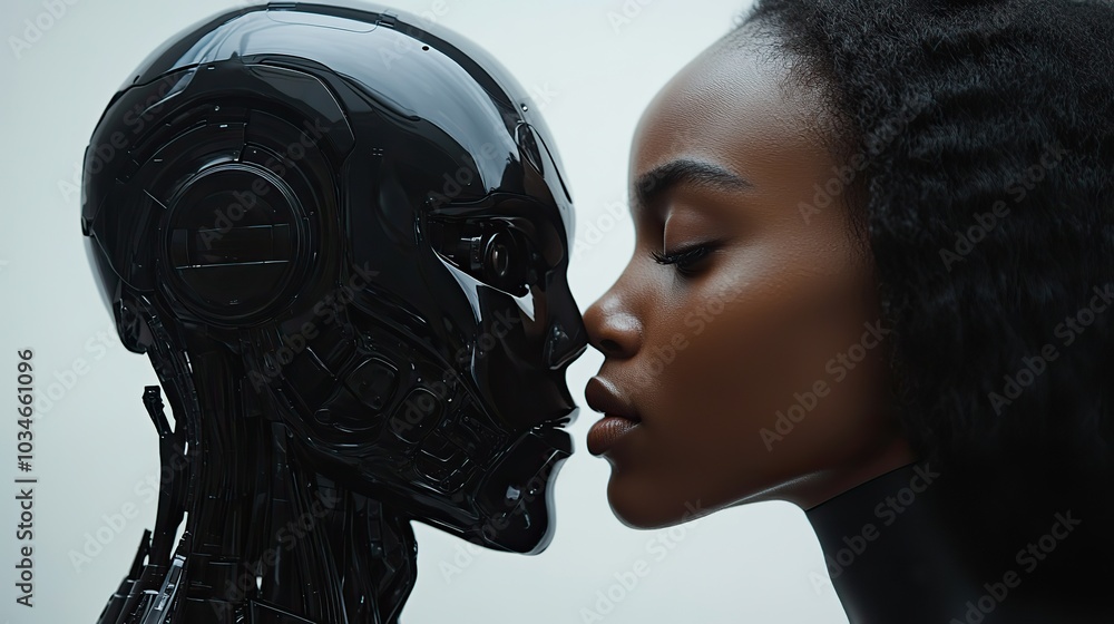 Poster man and humanoid robot face each other symbolizing human robot communication and interaction.stock i