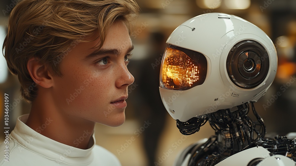 Poster man and humanoid robot face each other symbolizing human robot communication and interaction.image