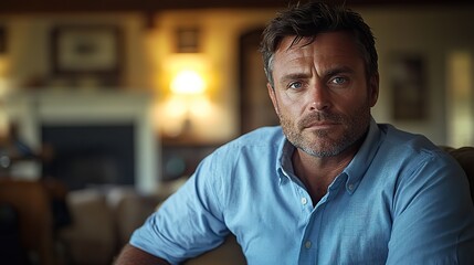Obraz premium man in blue shirt looks thoughtful while sitting on couch in dimly lit room.illustration