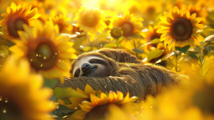 Relaxed sloth basking in a bright sunflower field under the warm sunlight