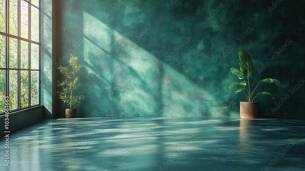 Poster minimalist dark green studio backdrop with smooth gradient complemented by neutral grey floor offeri