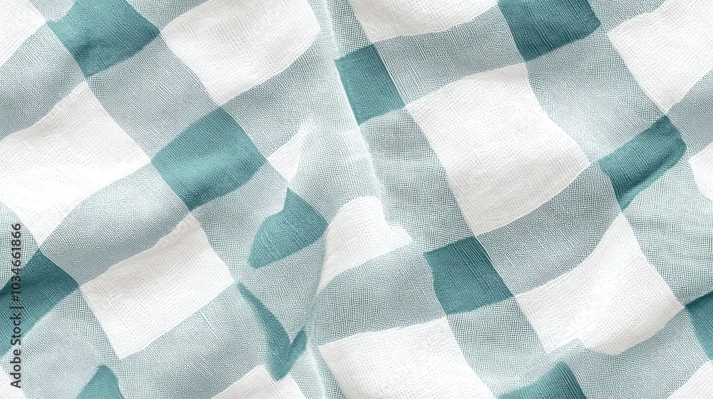 Poster seamless and repeating textured fabric background in pale teal and white diagonal checkers
