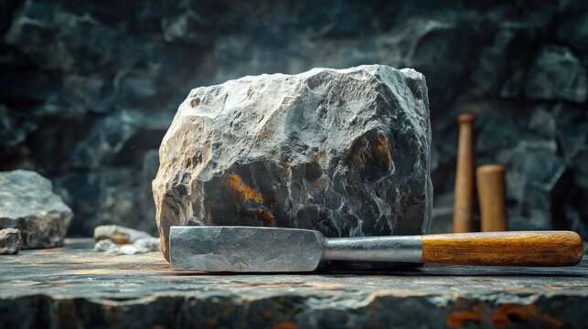Artisan chisel and stone block in a workshop setting